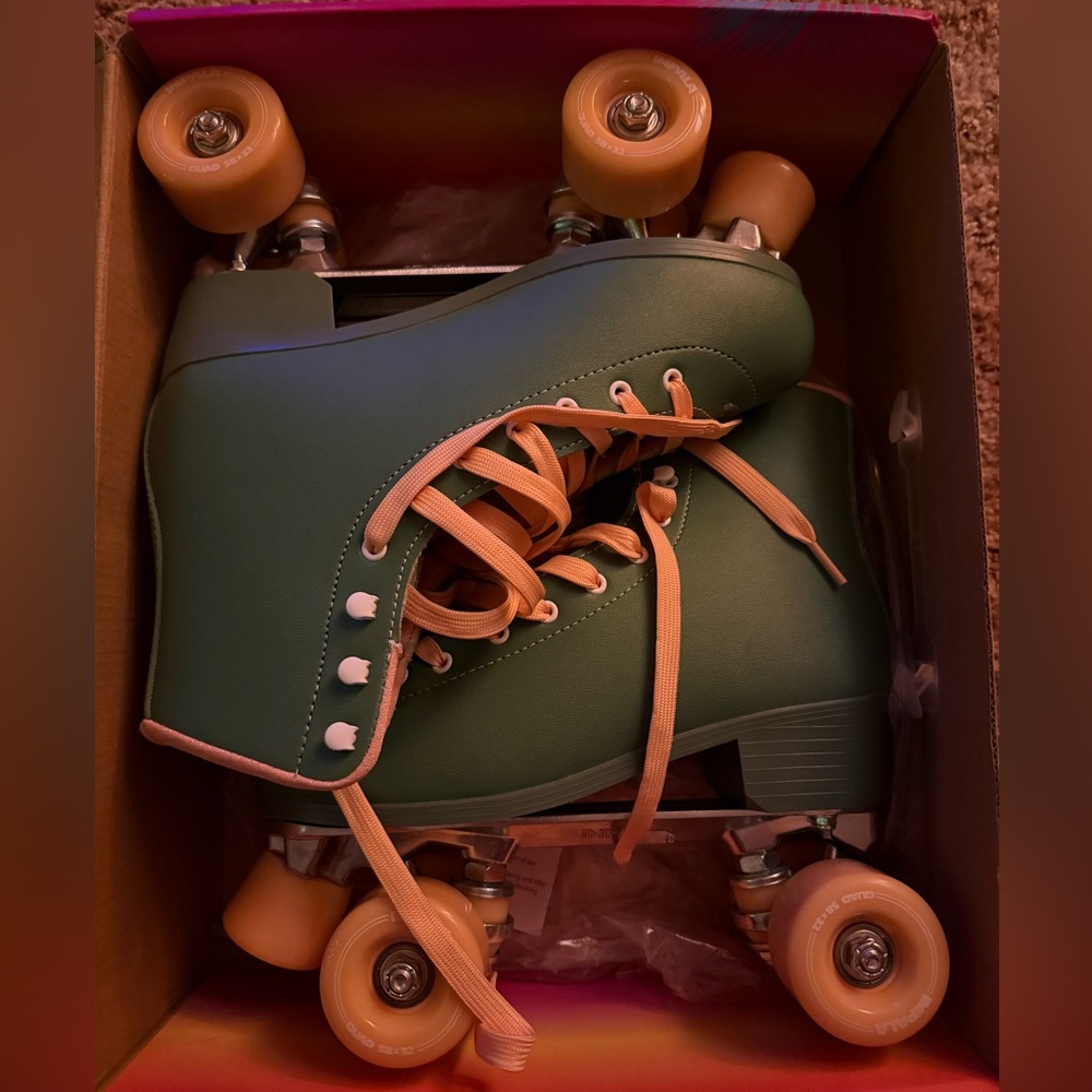 Forest Green Roller Skates with Coral Accents